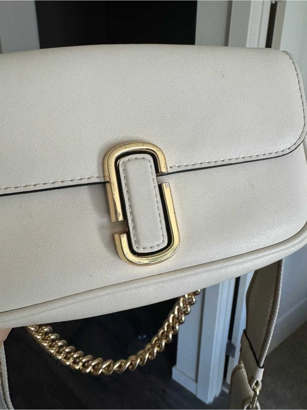 Marc Jacobs The J Cream Leather Crossbody with Gold Chain Accent